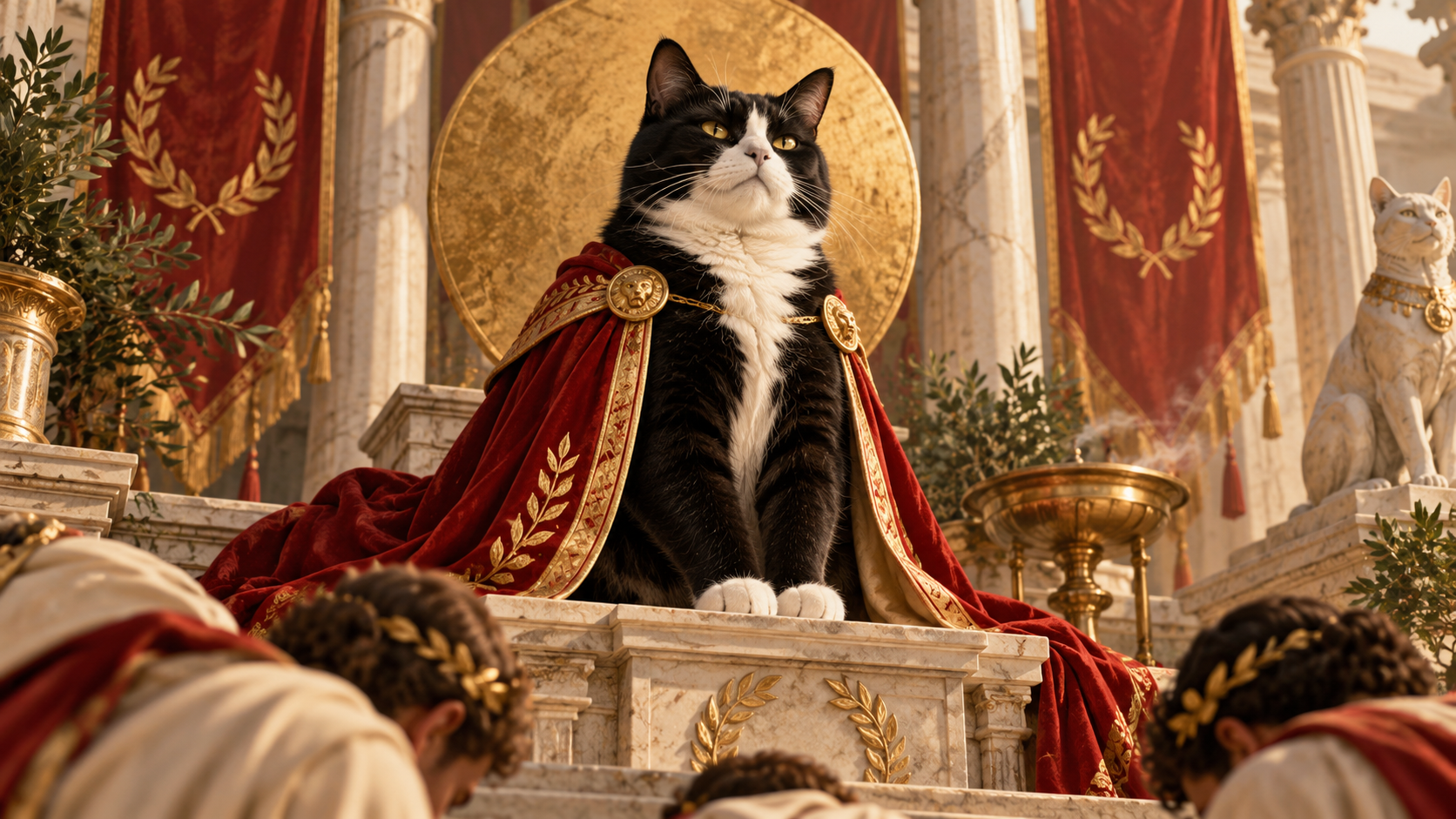A tuxedo cat is framed by deep black, warm cream, muted red, aged gold, stone, and subtle green, showing how color establishes a regal visual hierarchy.