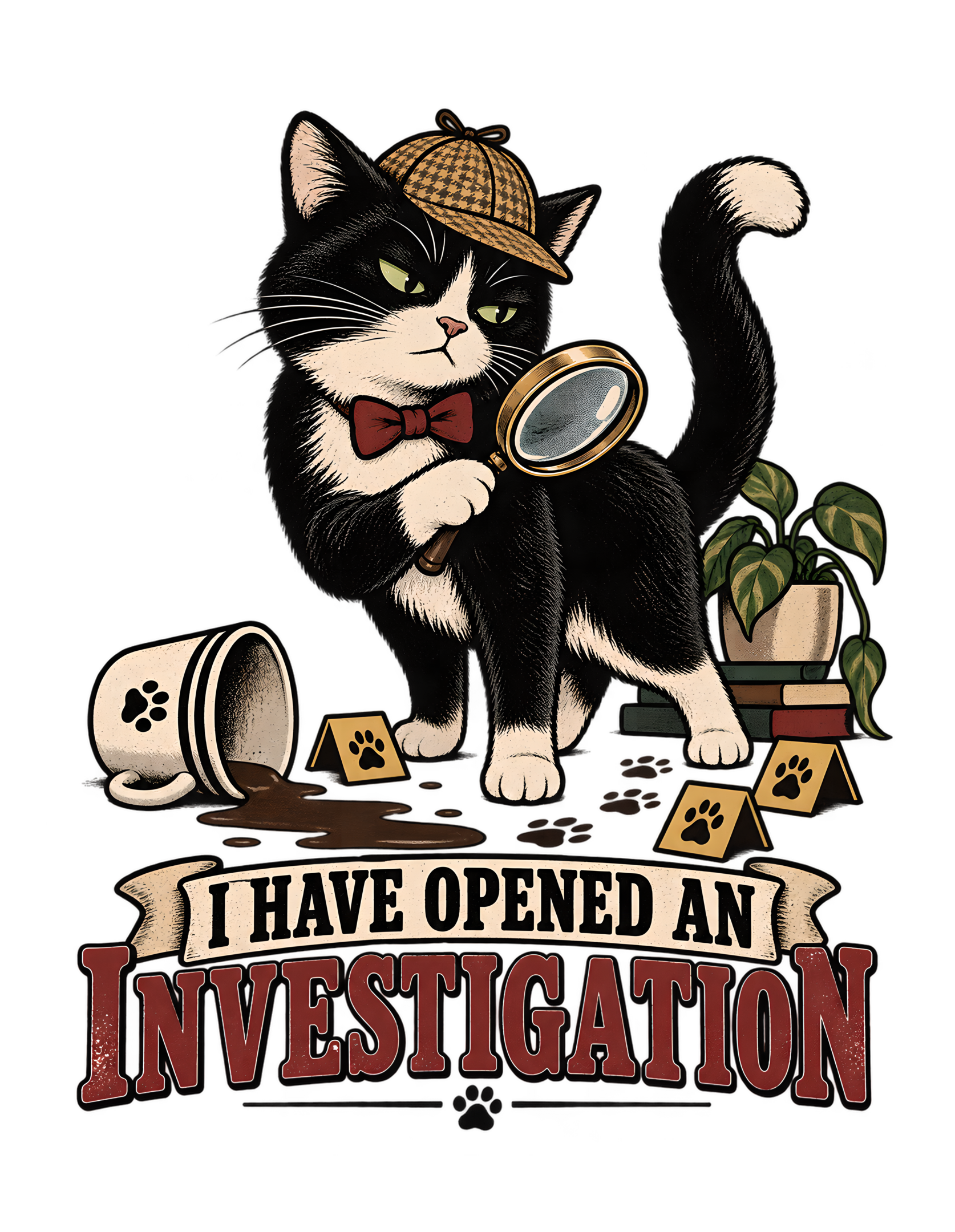 Vintage screen-print style artwork of a tuxedo cat investigator beside a tipped cup, magnifying-glass motif, and paw-print evidence markers with the phrase “I HAVE OPENED AN INVESTIGATION.”