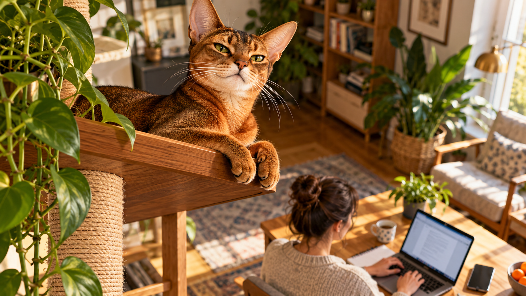 Abyssinian overlooking ordinary household activity with a composed, humorously supervisory expression.