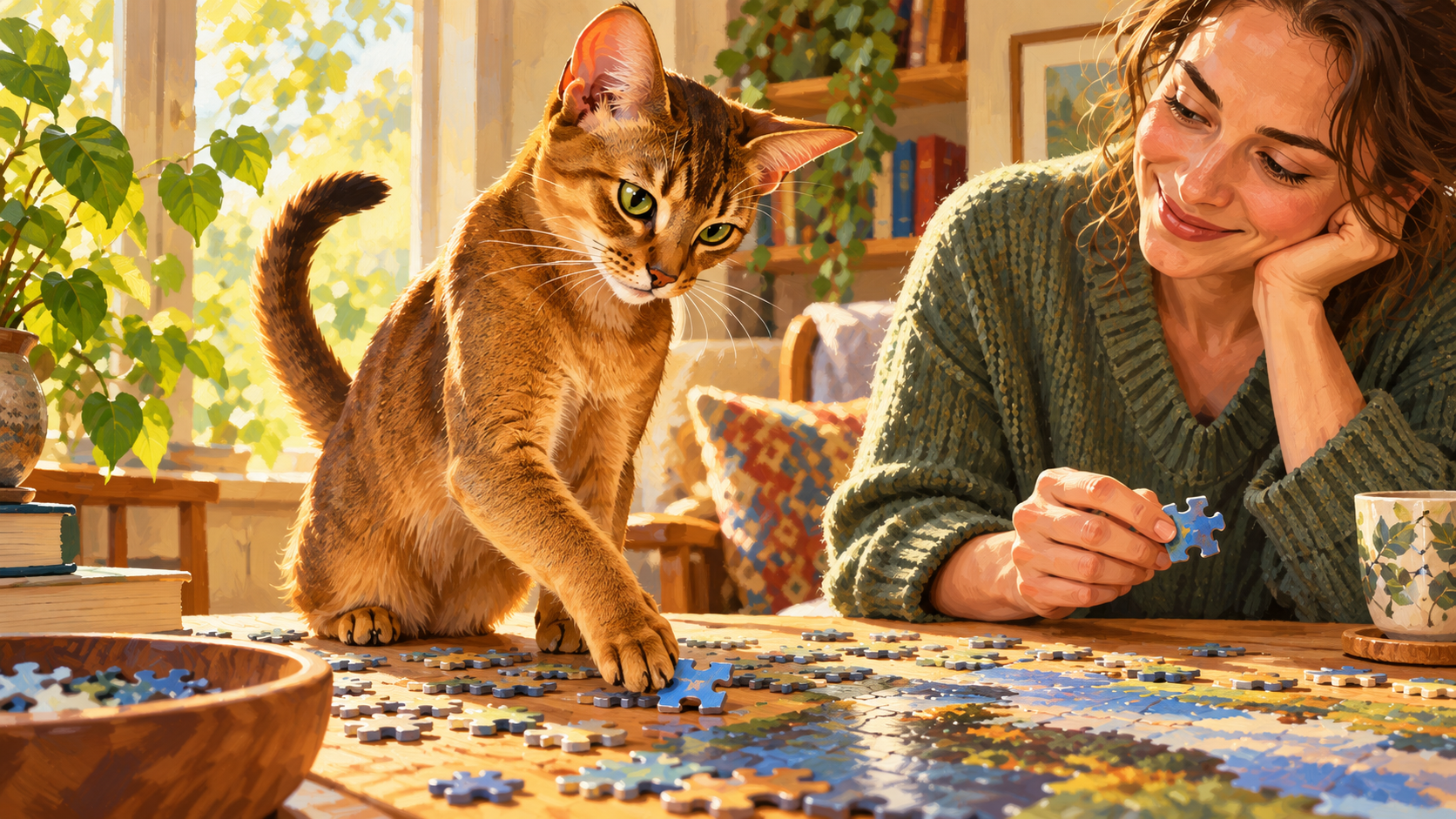 Abyssinian beside a seated person, engaged with the shared activity rather than occupying the lap.