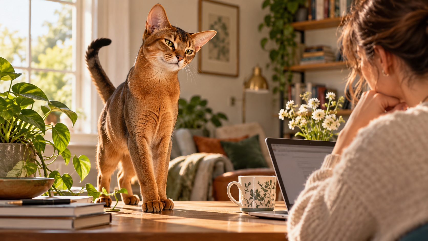 Abyssinian staying engaged near a person in a shared space, reflecting a strong attention-oriented profile.