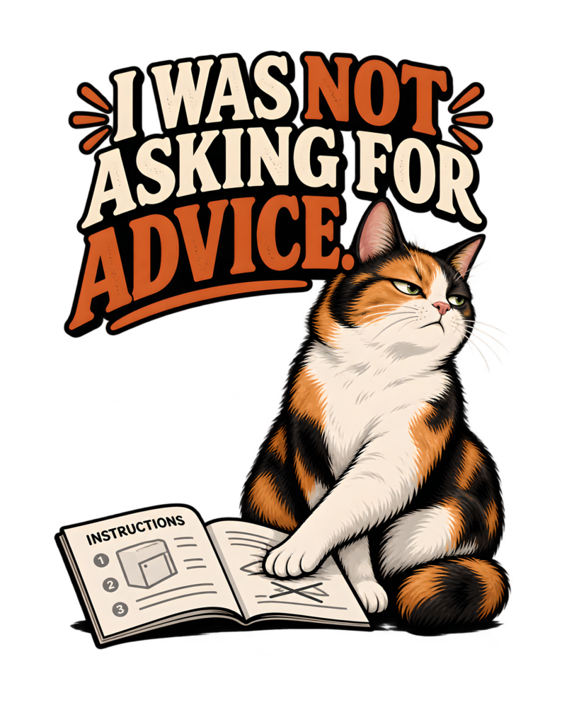 Calico cat sitting upright beside an open instruction booklet, looking away with an unimpressed expression while one paw rests dismissively across the page beneath the phrase “I WAS NOT ASKING FOR ADVICE.”