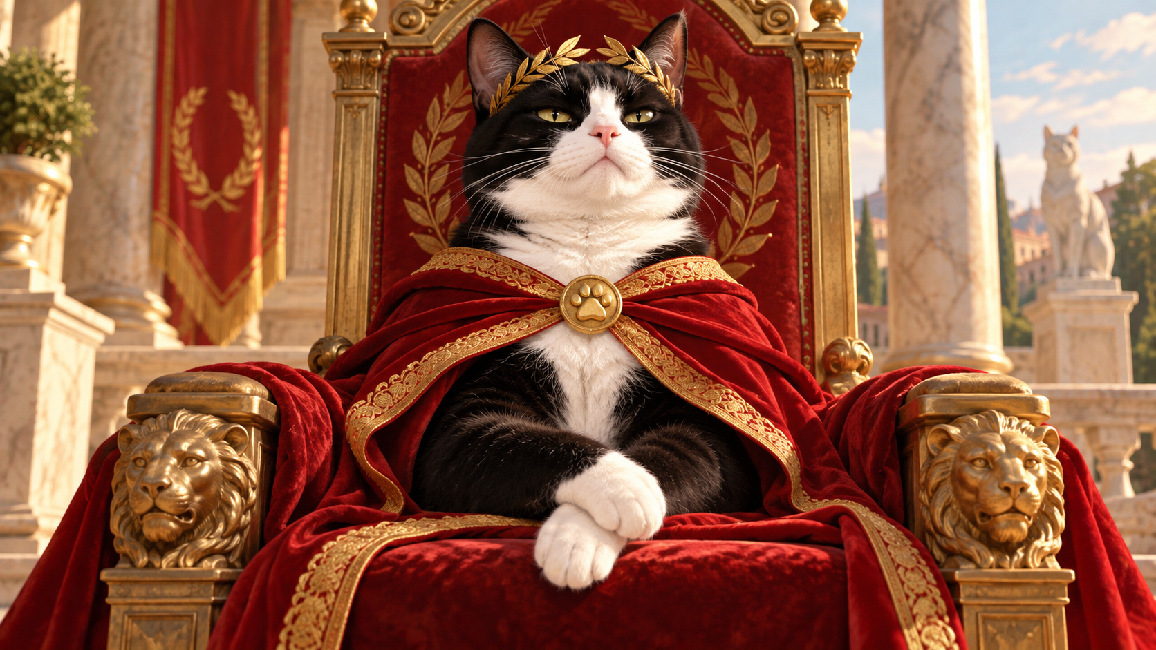 A dignified tuxedo cat sits upright in ceremonial red and gold, using stillness, posture, and a mildly judgmental expression to project authority.