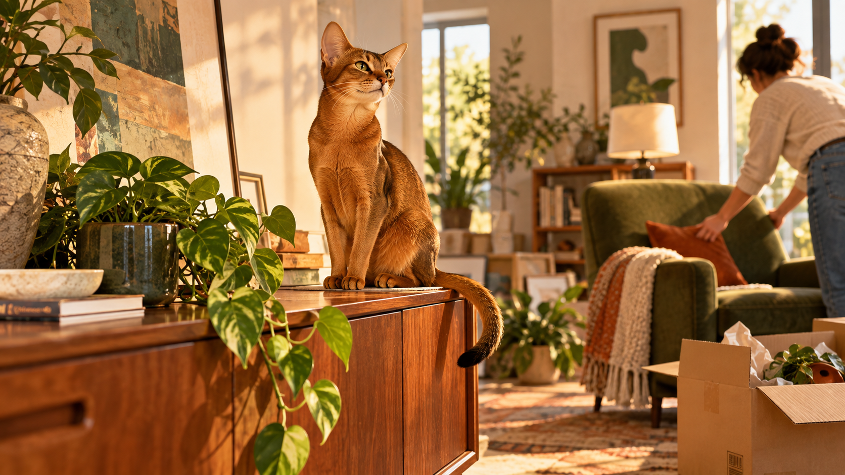 Abyssinian calmly inspecting a changed household arrangement, symbolizing adaptability with individual variation.