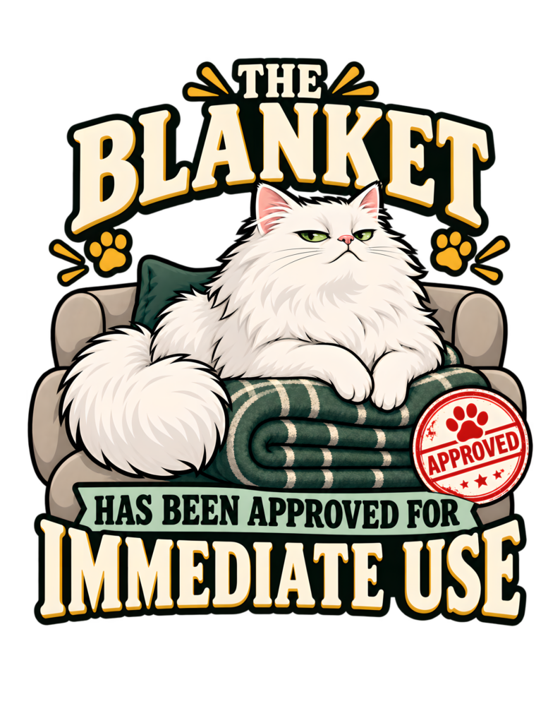 Retro badge-style artwork of a fluffy white cat lounging on a folded dark green striped blanket in an armchair beside a red “APPROVED” stamp and the phrase “THE BLANKET HAS BEEN APPROVED FOR IMMEDIATE USE.”