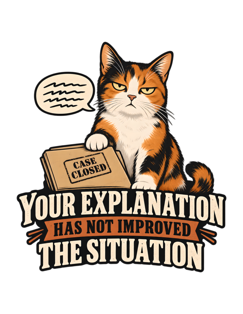 Editorial-style apparel artwork of an unimpressed calico cat beside an abstract speech bubble, resting one paw on a tan folder stamped “CASE CLOSED,” above the phrase “YOUR EXPLANATION HAS NOT IMPROVED THE SITUATION.”