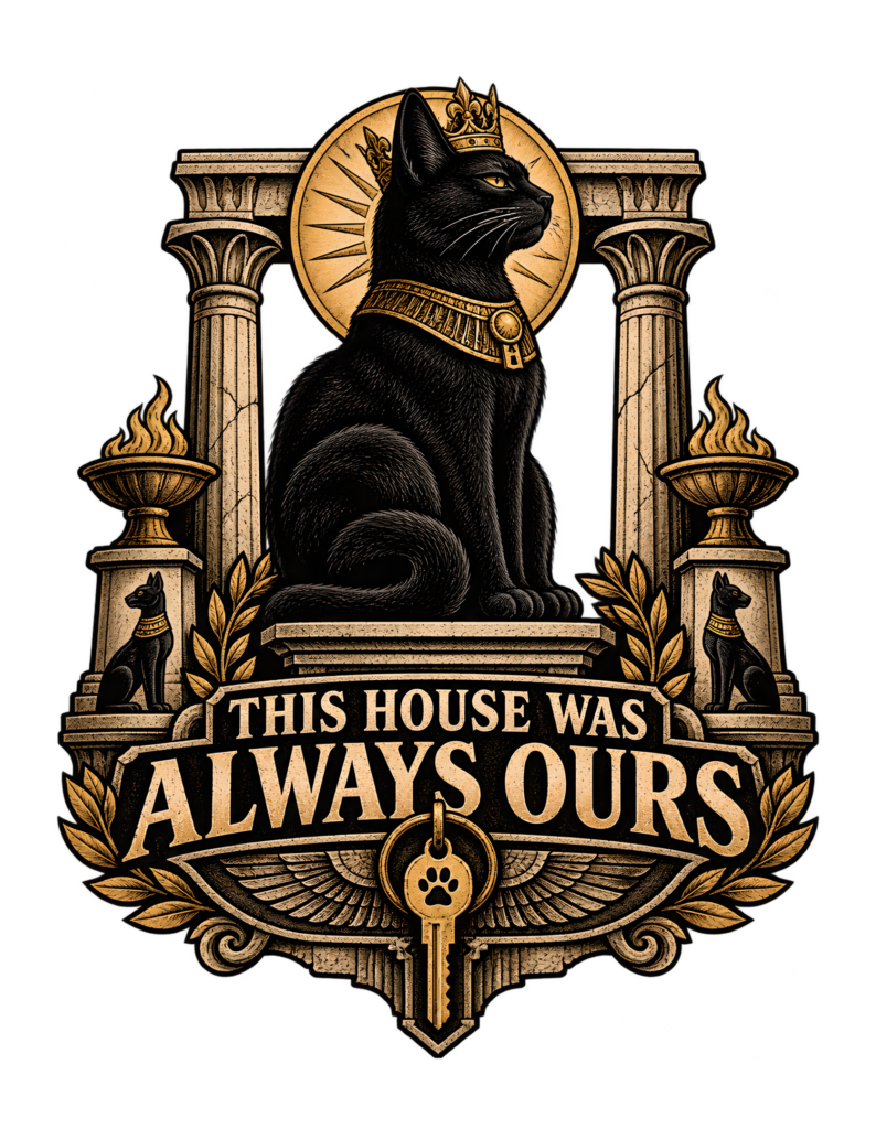 Woodcut-inspired artwork of a regal black cat wearing a crown and ornate collar between monumental columns and braziers above the phrase “THIS HOUSE WAS ALWAYS OURS,” with laurels and a paw-marked house key below.