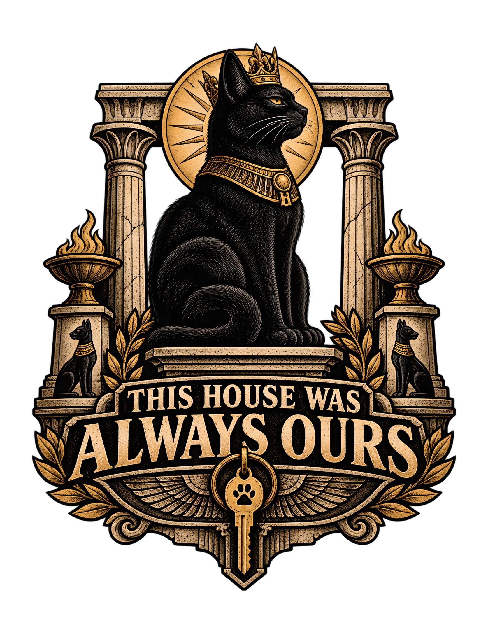 Woodcut-inspired artwork of a regal black cat wearing a crown and ornate collar between monumental columns and braziers above the phrase “THIS HOUSE WAS ALWAYS OURS,” with laurels and a paw-marked house key below.