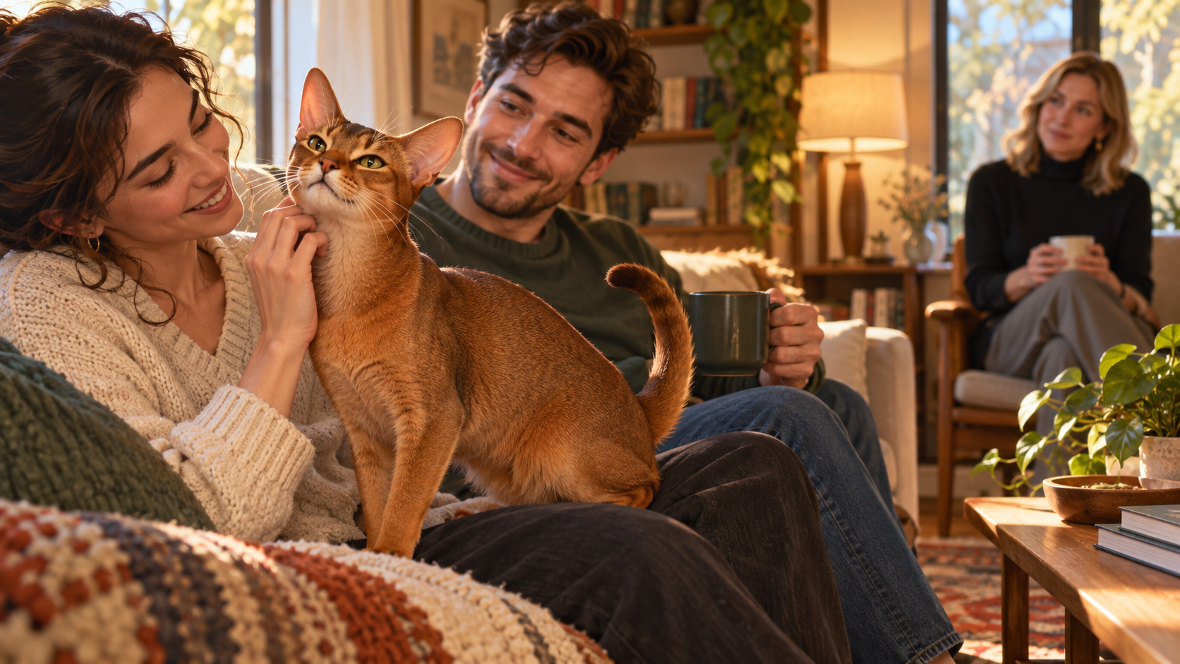 Abyssinian comfortable near familiar household members while an unfamiliar visitor remains in the background.