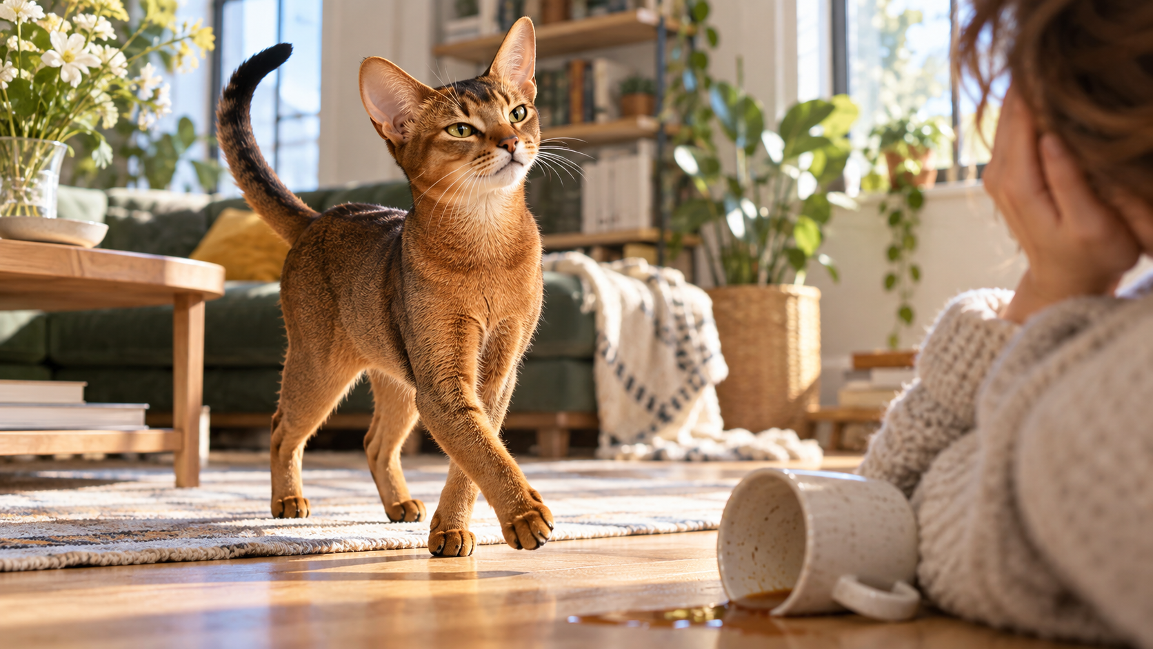Playful-looking Abyssinian in an engaging home scene, posed with athletic energy and alert attention.