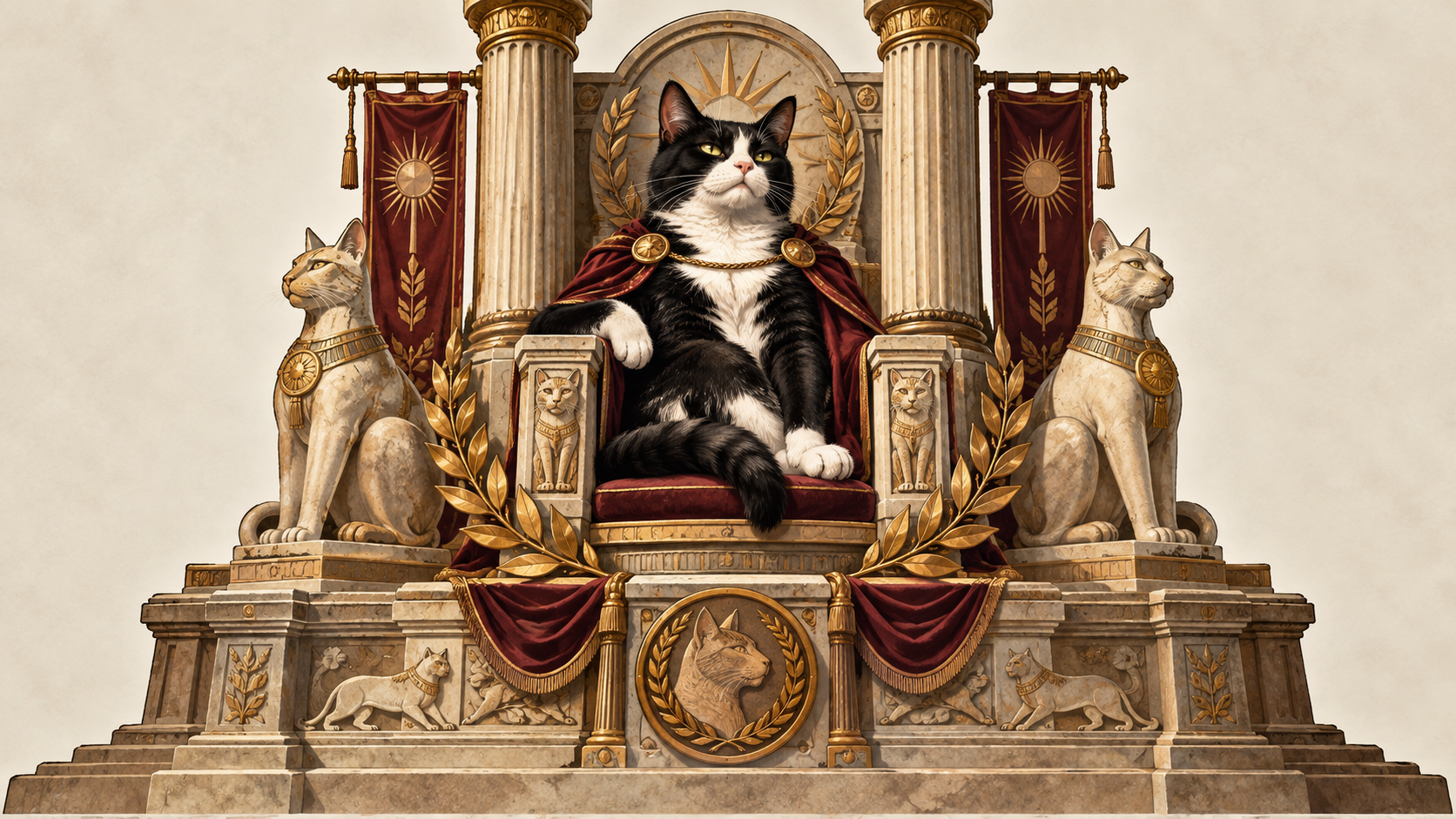 A compact feline ceremonial composition uses a cat, throne, columns, statues, banners, laurels, and a heavy base to form one cohesive emblem-like silhouette.