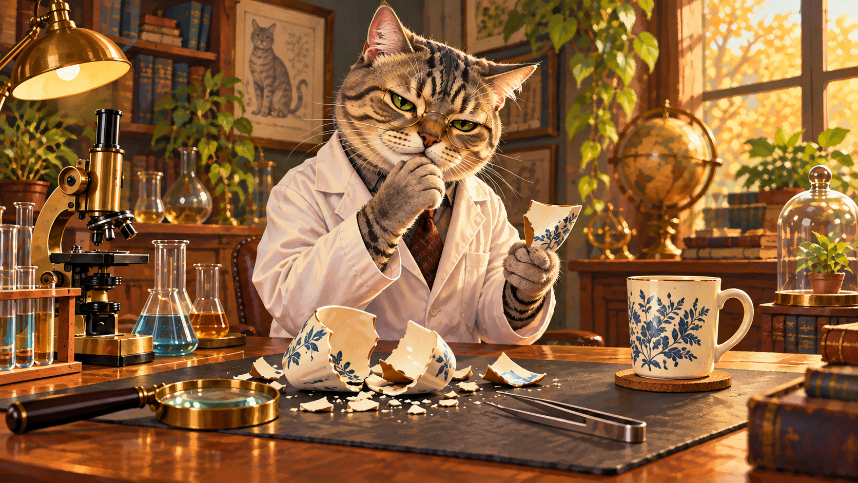 Broken mug pieces are arranged like formal evidence beside a calm tabby cat researcher, while an intact household object nearby suggests another questionable trial.