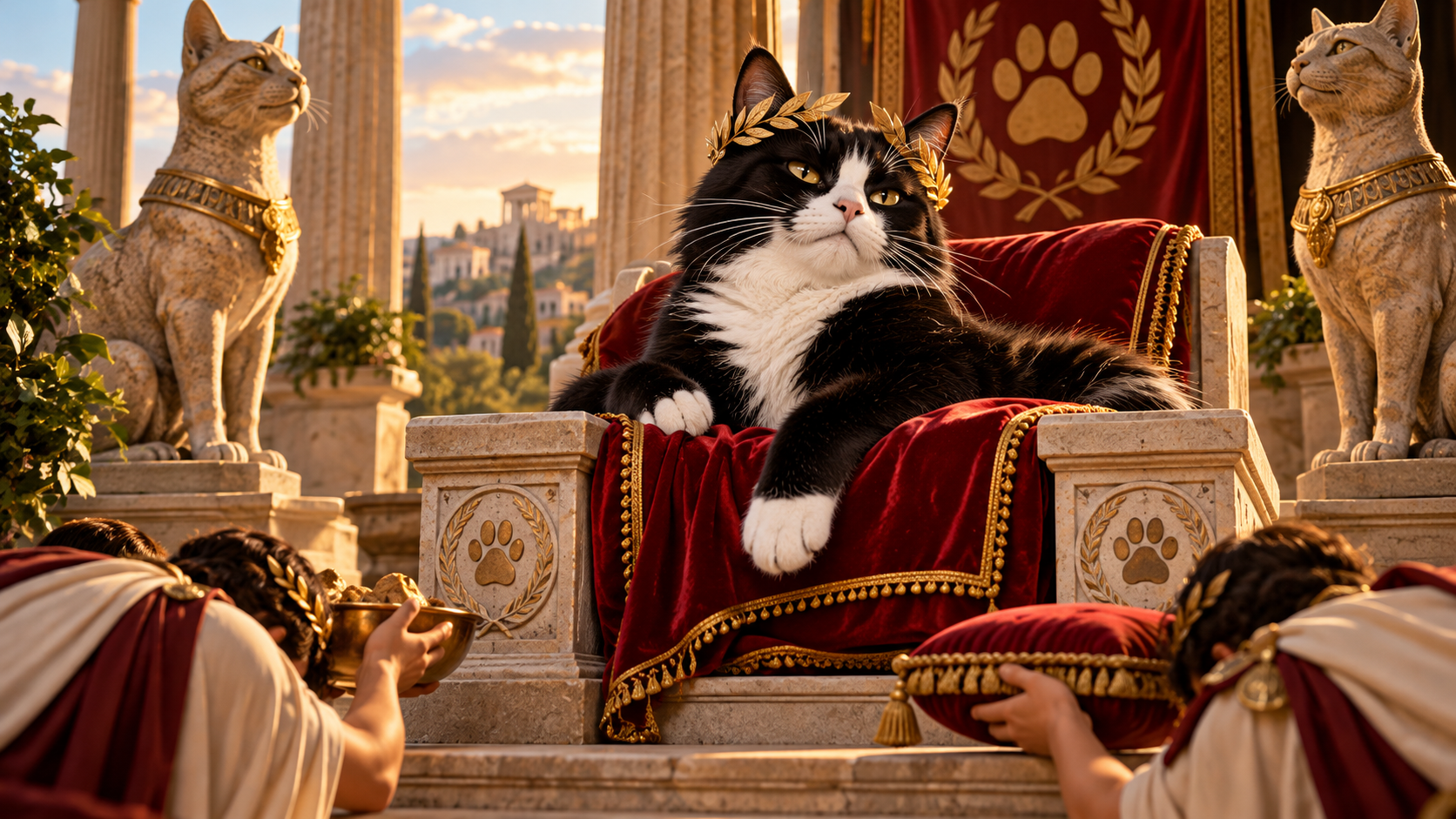 A tuxedo cat sits with timeless confidence among restrained classical and domestic elements, creating a joke about feline status without relying on modern trends.