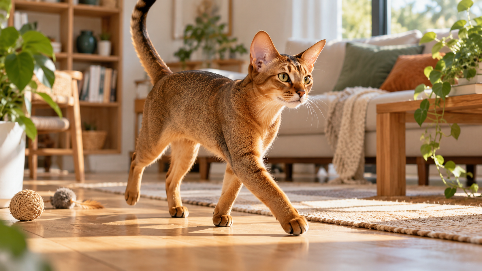 Active Abyssinian moving through a bright household interior with an alert, engaged expression.