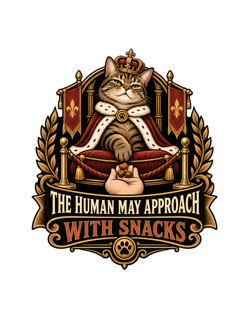 Vintage-style graphic of a crowned tabby in a red and gold throne, with royal banners and a paw emblem; a hand offers small treats beneath the words THE HUMAN MAY APPROACH WITH SNACKS.