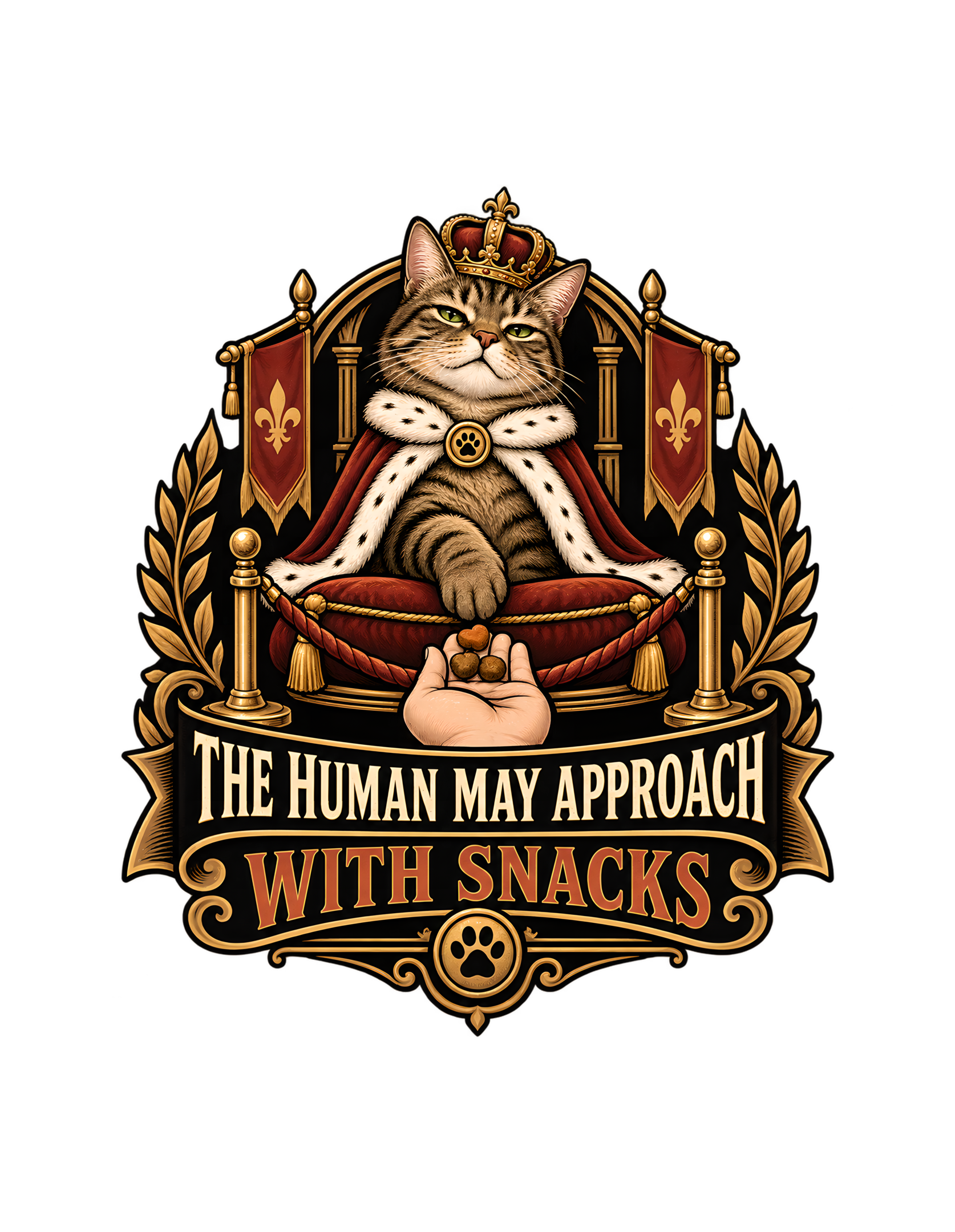 Vintage-style graphic of a crowned tabby in a red and gold throne, with royal banners and a paw emblem; a hand offers small treats beneath the words THE HUMAN MAY APPROACH WITH SNACKS.
