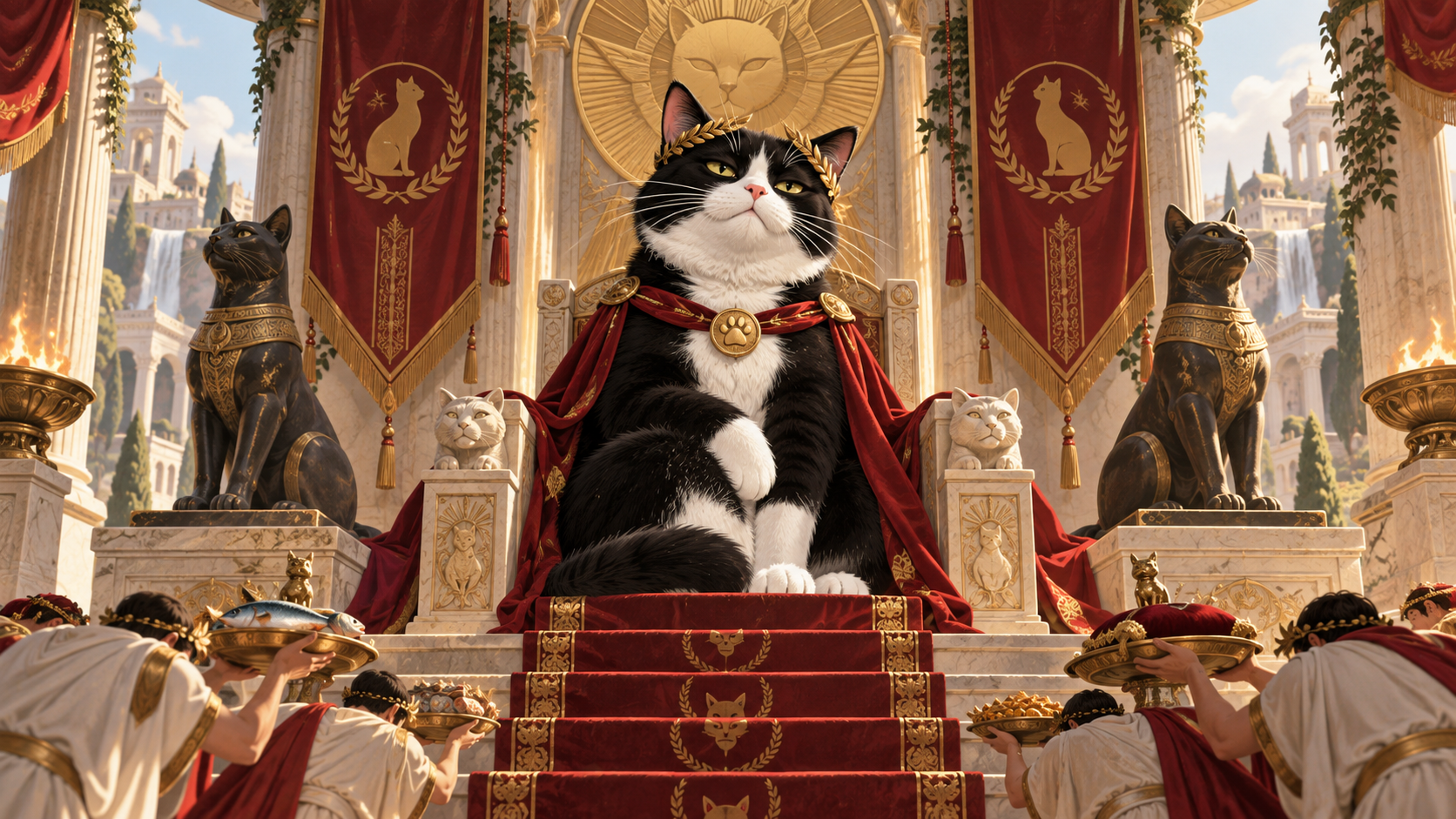A bold tuxedo-cat silhouette reads clearly from a distance while laurel, paw, banner, statue, and carved details reward a closer look.
