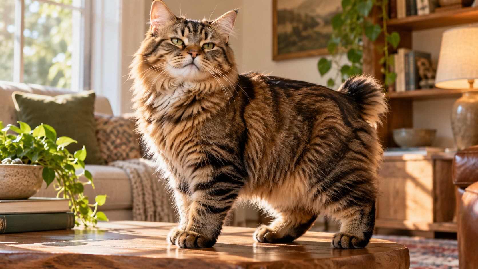 A well-kept American Bobtail with a shaggy wild-looking coat sits naturally in a clean home setting without grooming tools or care instructions.