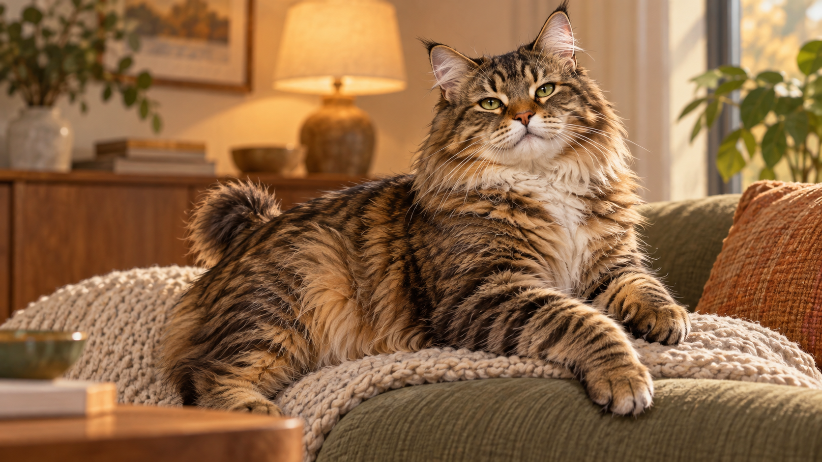 A calm American Bobtail sits upright with quiet confidence in a relaxed home setting, looking assured without appearing confrontational.