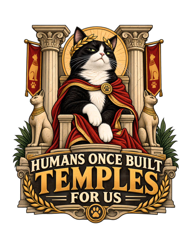 Vintage-inspired Cats Judging Humans artwork showing a regal tuxedo cat in a red ceremonial cloak seated between classical columns and cat statues above the phrase ‘HUMANS ONCE BUILT TEMPLES FOR US.’