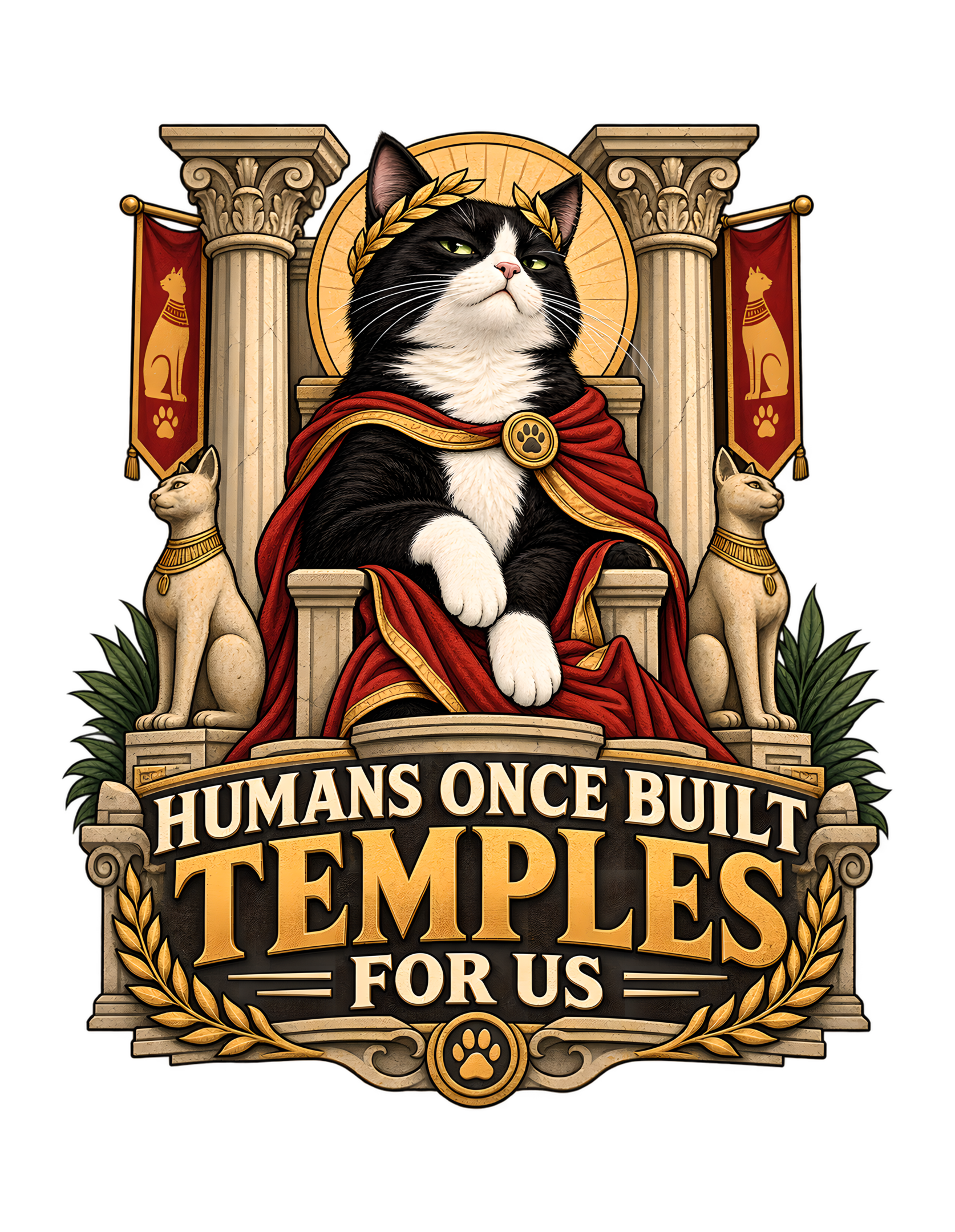 Vintage-inspired Cats Judging Humans artwork showing a regal tuxedo cat in a red ceremonial cloak seated between classical columns and cat statues above the phrase ‘HUMANS ONCE BUILT TEMPLES FOR US.’