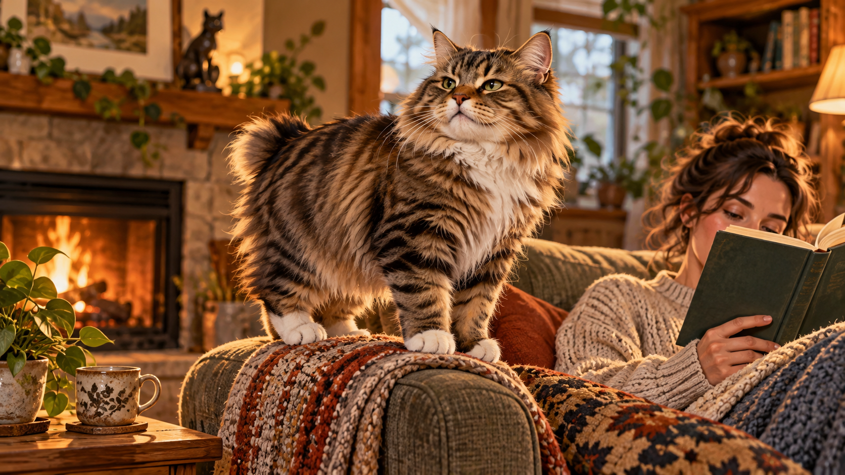 An American Bobtail relaxes in its own nearby space while a human works in the same room, balancing companionship with independence.