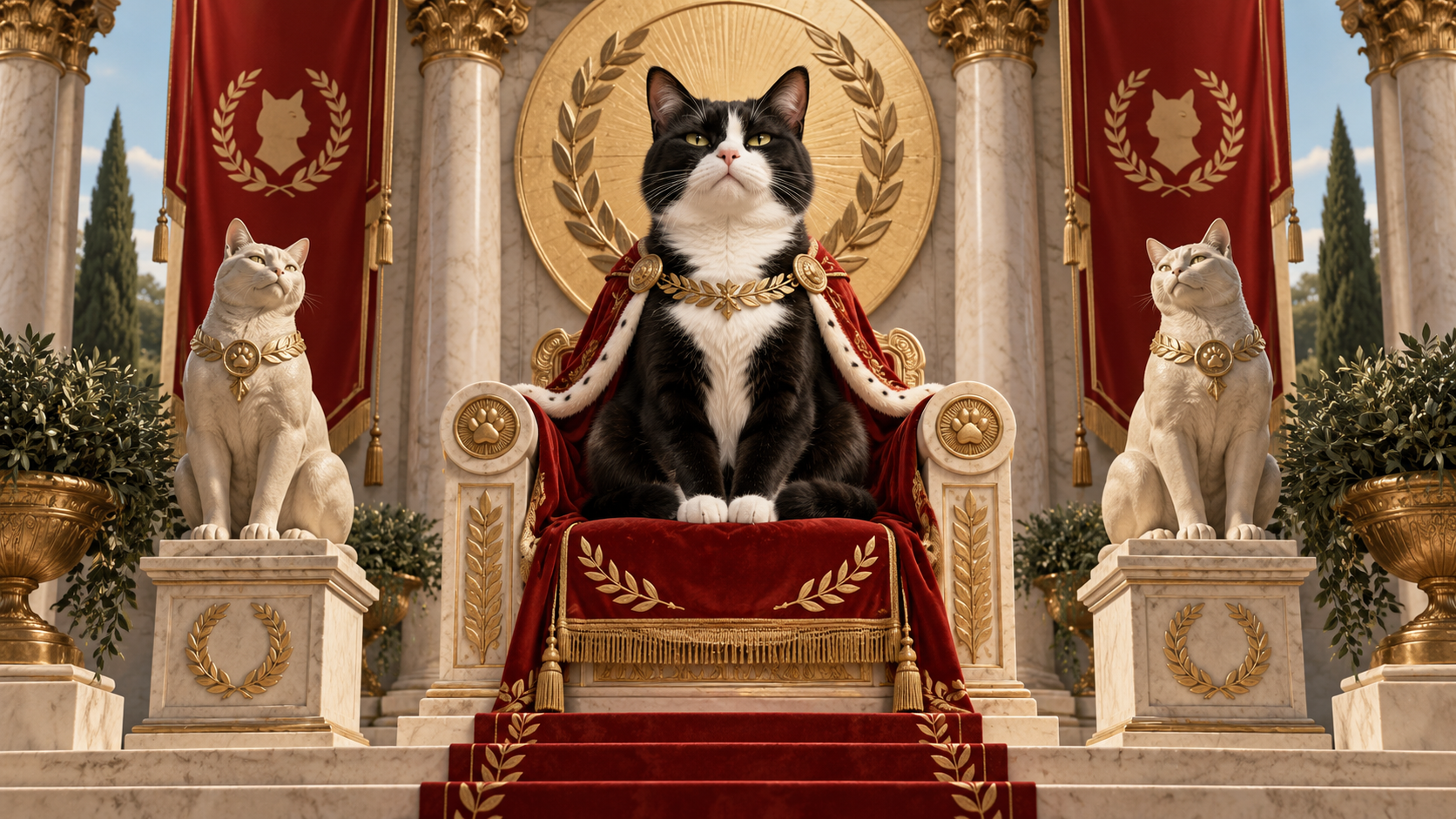 A tuxedo cat sits on the centerline of a perfectly balanced ceremonial scene with matching columns, banners, statues, and a circular focal backdrop.