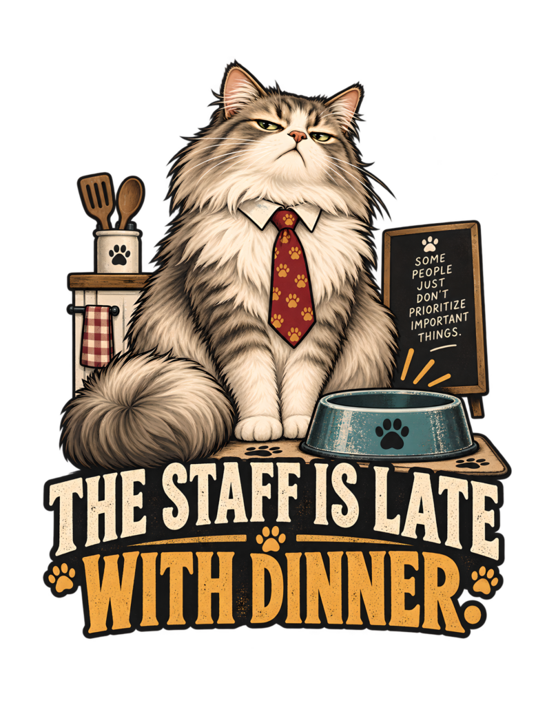 Vintage-style artwork of a fluffy gray-and-cream cat wearing a red paw-print tie beside an empty teal food bowl, kitchen utensils, a checked towel, and a dark board reading “SOME PEOPLE JUST DON’T PRIORITIZE IMPORTANT THINGS.” above the phrase “THE STAFF IS LATE WITH DINNER.”