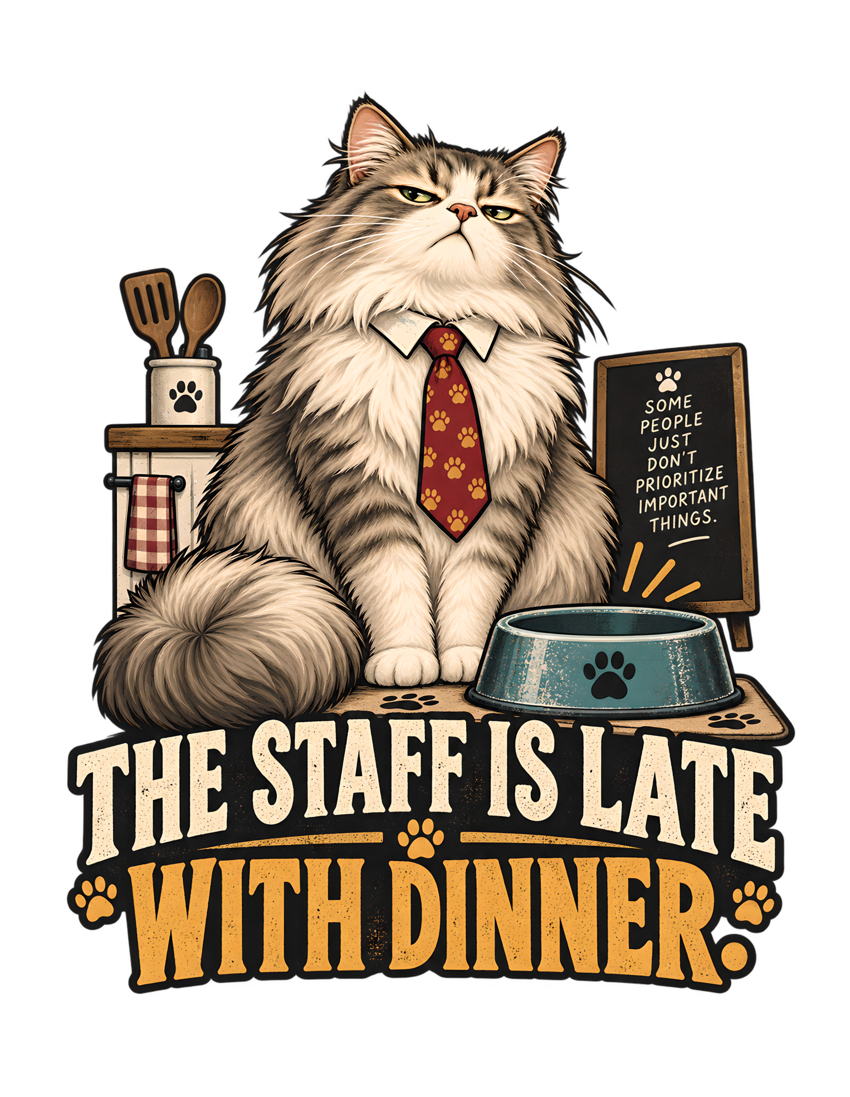 Vintage-style artwork of a fluffy gray-and-cream cat wearing a red paw-print tie beside an empty teal food bowl, kitchen utensils, a checked towel, and a dark board reading “SOME PEOPLE JUST DON’T PRIORITIZE IMPORTANT THINGS.” above the phrase “THE STAFF IS LATE WITH DINNER.”