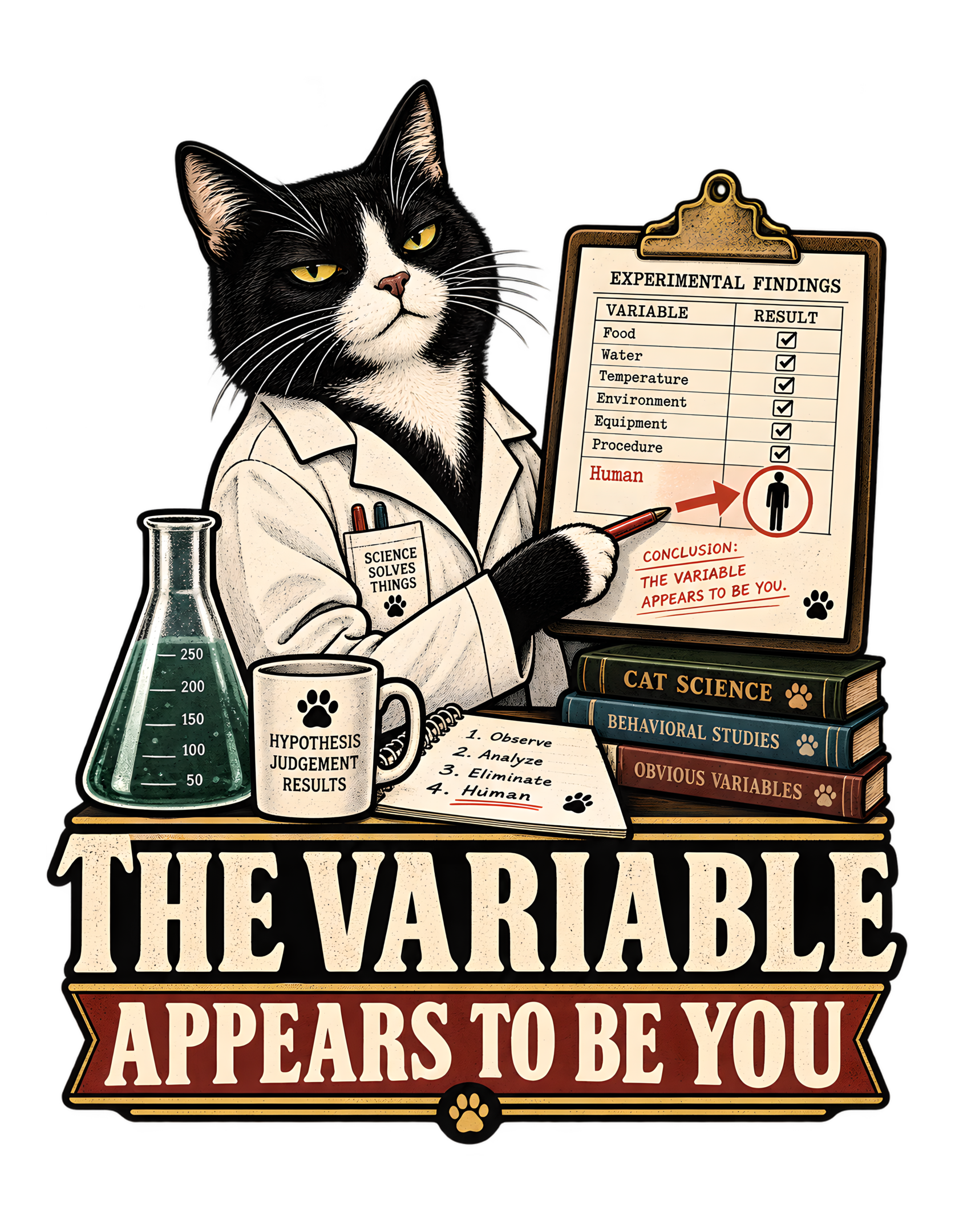 Tuxedo cat in a simple laboratory coat beside a compact experiment with a beaker, notes, and a chart highlighting a generic human silhouette beneath the phrase “THE VARIABLE APPEARS TO BE YOU.”