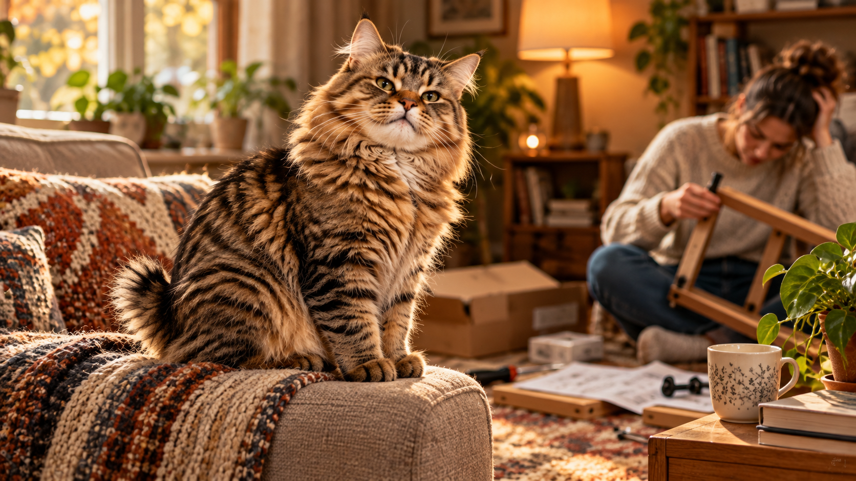 An American Bobtail quietly watches a minor household mishap with a composed expression while a human notices the problem.