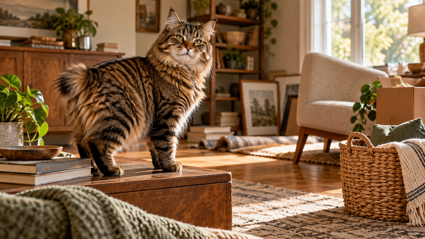 An American Bobtail calmly observes a lightly rearranged household interior, suggesting adaptability without turning the scene into a behavioral guarantee.