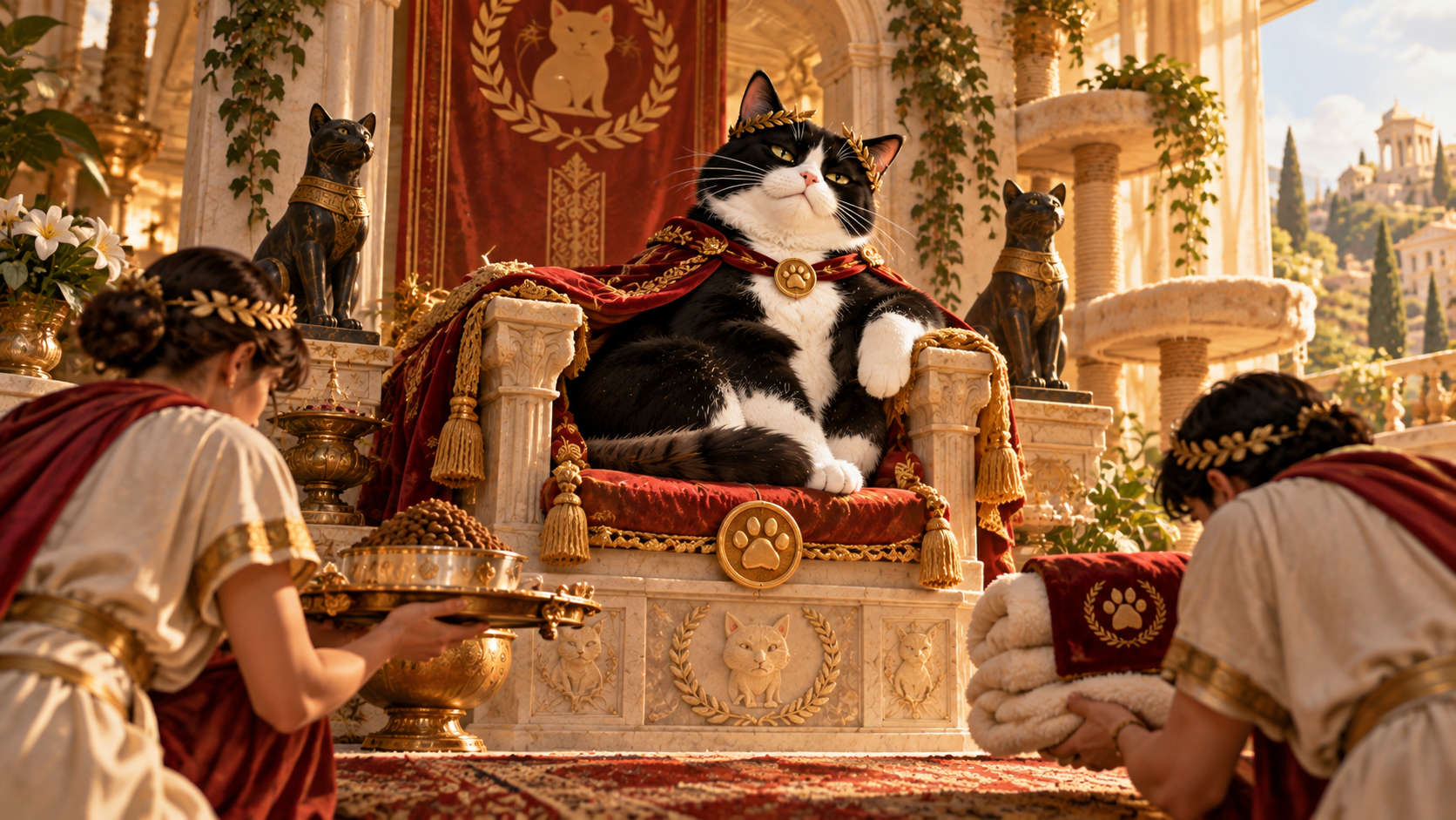 A composed tuxedo cat surveys a human household from an elevated ceremonial seat, combining feline authority, dry humor, and vintage-inspired visual language.