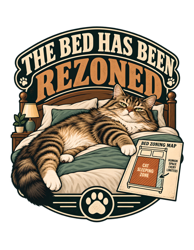 Vintage badge-style artwork of a fluffy tabby sprawled across a green-and-cream bed beneath “THE BED HAS BEEN REZONED,” beside a “BED ZONING MAP” marking a large “CAT SLEEPING ZONE” and narrow “HUMAN SPACE (VERY LIMITED).”
