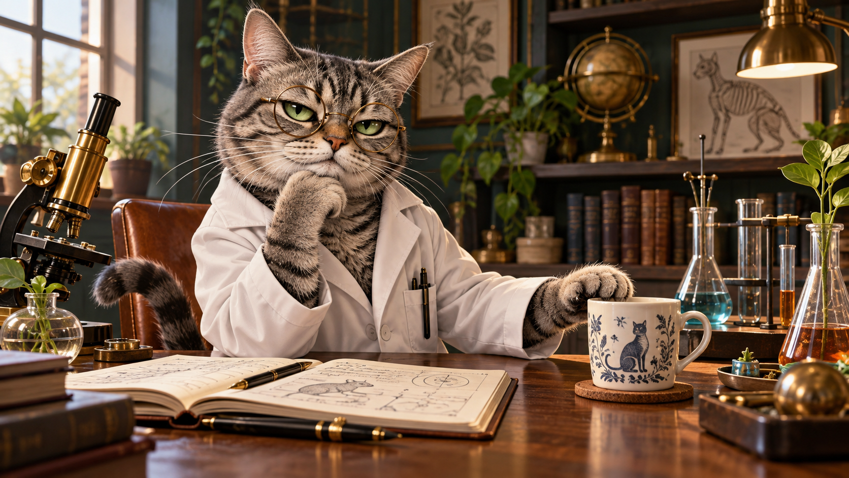 A skeptical gray tabby scientist in glasses and a white lab coat studies a nearby mug with calm, analytical confidence and no visible remorse.