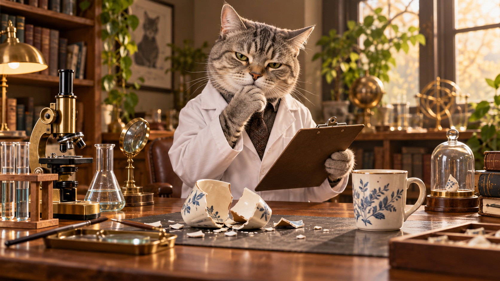 A gray tabby cat scientist in a white lab coat studies a broken mug and an intact second mug at a tidy laboratory bench, turning household chaos into mock experimental procedure.