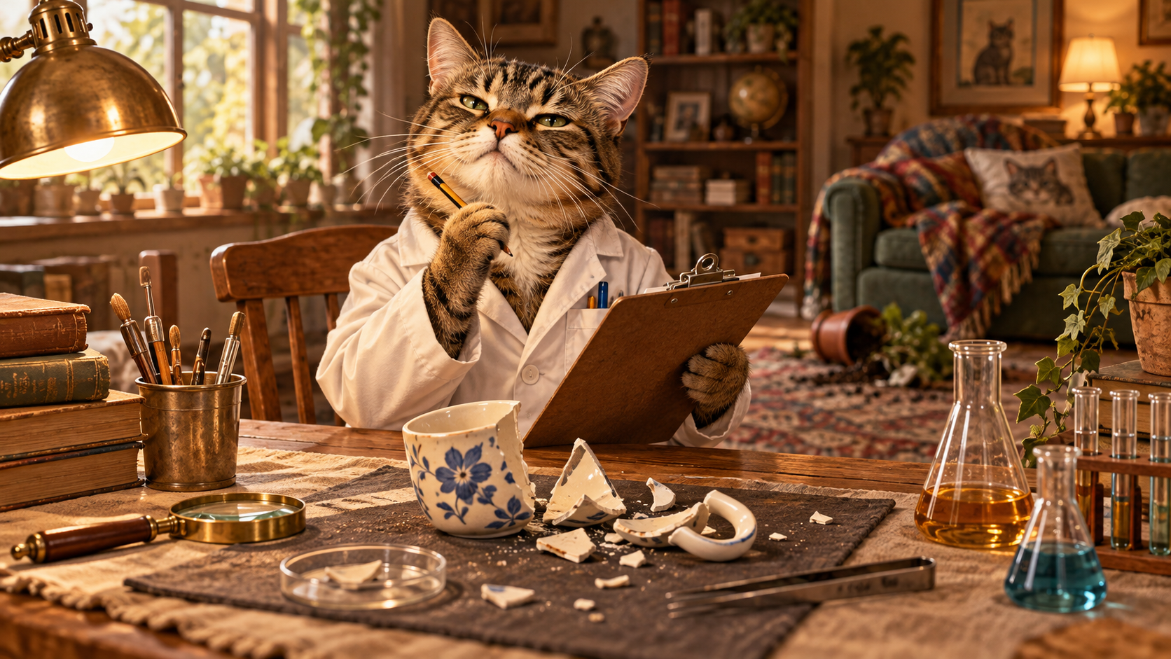 A gray tabby researcher studies an ordinary household object in a timeless laboratory setting with classic props and warm vintage styling.