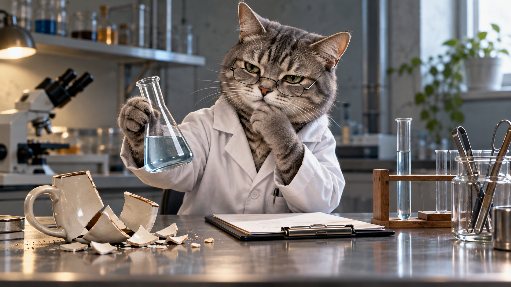 A clear scientist-cat silhouette reads instantly while smaller details such as a broken mug, flask, tube, clipboard, glasses, and lab coat reward closer inspection.