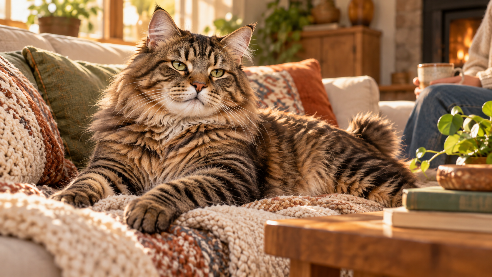 An American Bobtail sits comfortably in a shared family living space while nearby people interact casually, keeping the cat at the center of the scene.