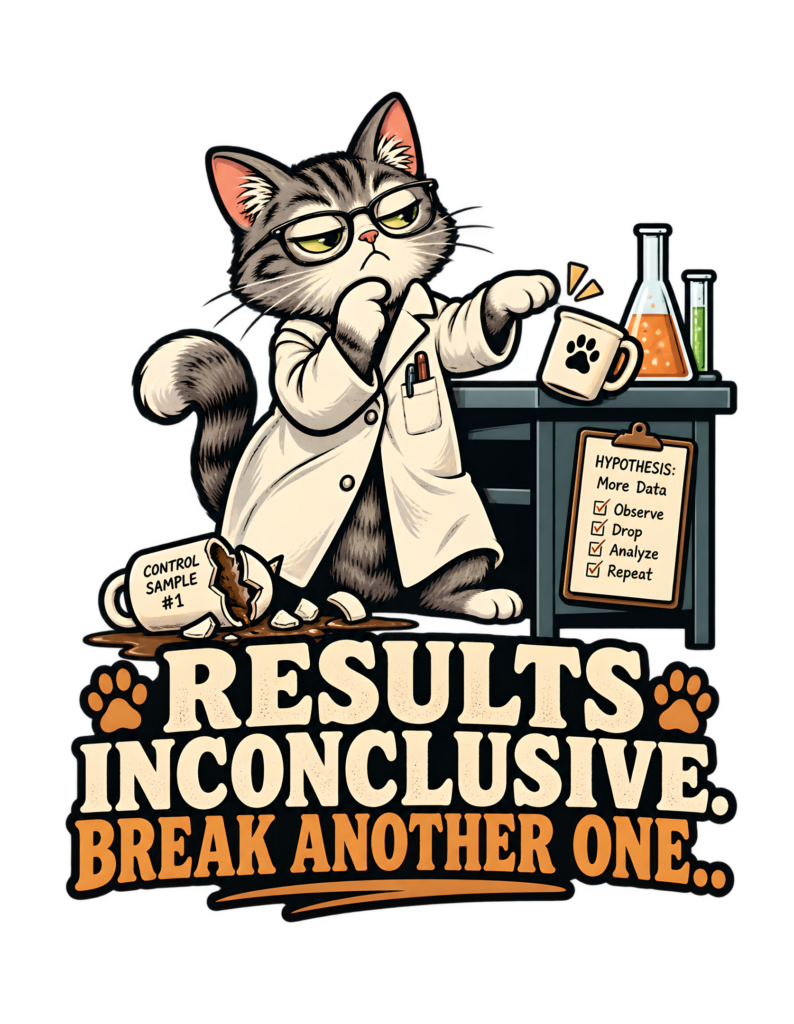 Vintage-style artwork of a gray tabby cat scientist in glasses and a white lab coat beside flasks, a mug, a clipboard, and a broken control-sample cup above the phrase “RESULTS INCONCLUSIVE. BREAK ANOTHER ONE.”