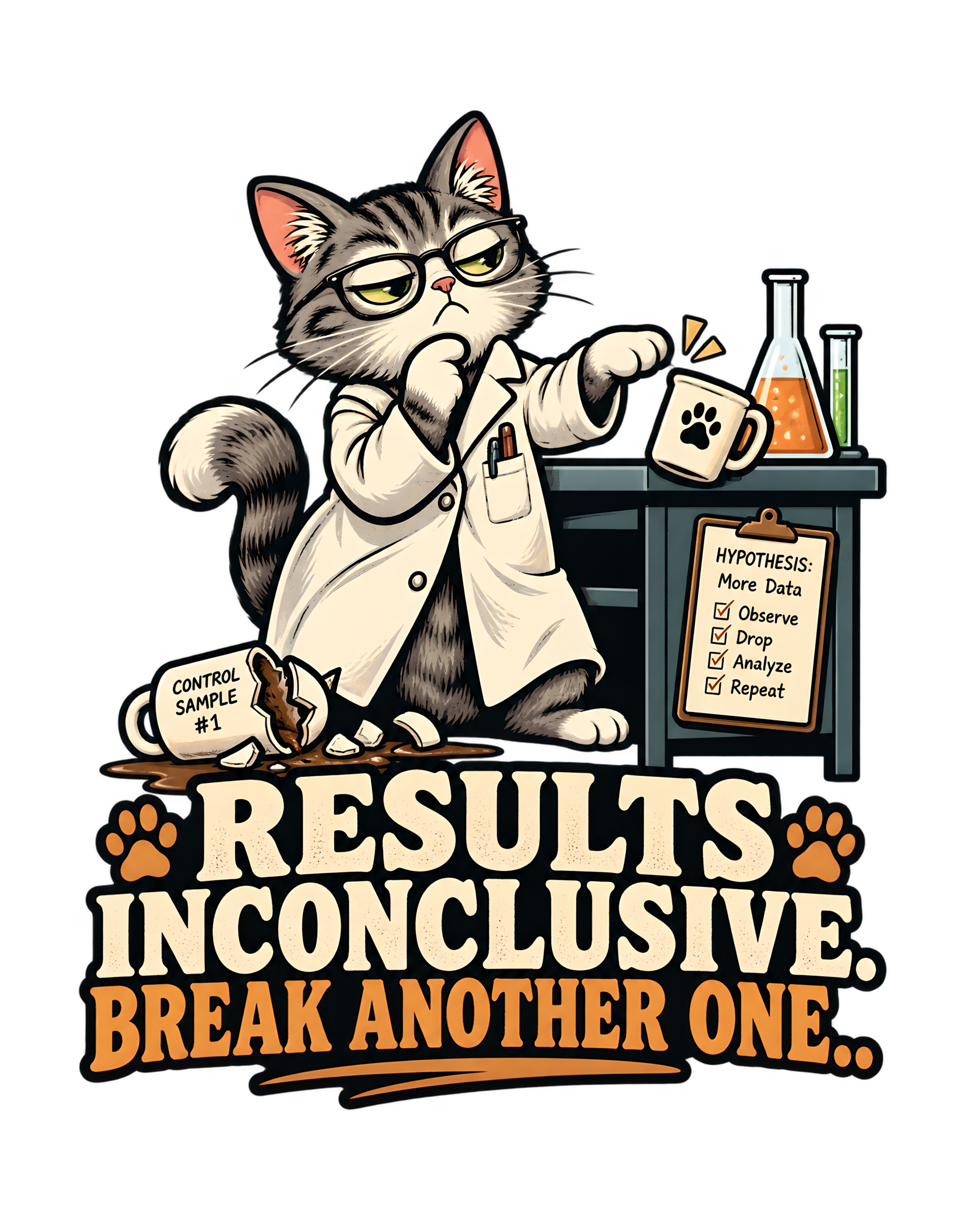 Vintage-style artwork of a gray tabby cat scientist in glasses and a white lab coat beside flasks, a mug, a clipboard, and a broken control-sample cup above the phrase “RESULTS INCONCLUSIVE. BREAK ANOTHER ONE.”