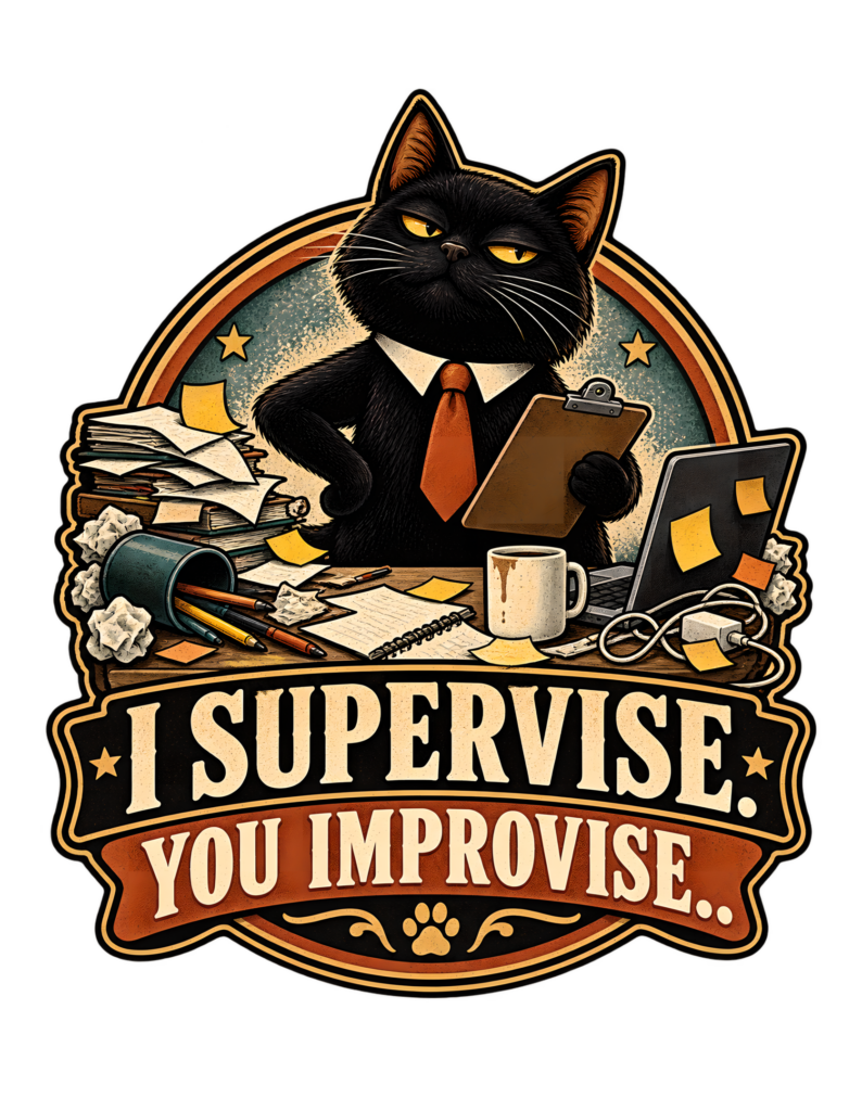 Vintage-style Cats Judging Humans artwork showing a confident black cat in a white collar and orange tie holding a clipboard beside a cluttered workstation with papers, laptop, mug, pens, sticky notes, and crumpled paper above the phrase “I SUPERVISE. YOU IMPROVISE.”